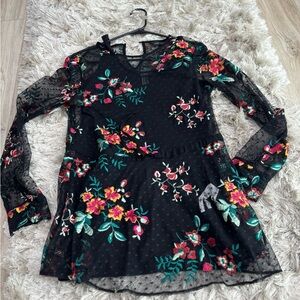 Zara Black Sheer Blouse with Colorful Floral Embroidery